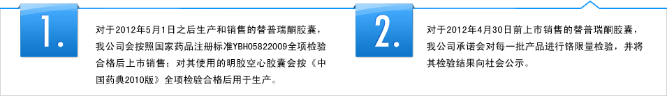 1.关于2012年5月1日之后生产和销售的替普瑞酮胶囊，，，，我公司会凭证国家药品注册标准YBH05822009全项磨练及格后上市销售；；；；对其使用的明胶空心胶囊会按《中国药典2010版》全项磨练及格后用于生产。。。。 2.关于2012年4月30日前上市销售的替普瑞酮胶囊，，，，我公司允许会对每一批产品举行铬限量磨练，，，，并将其磨练效果向社会公示。。。。 